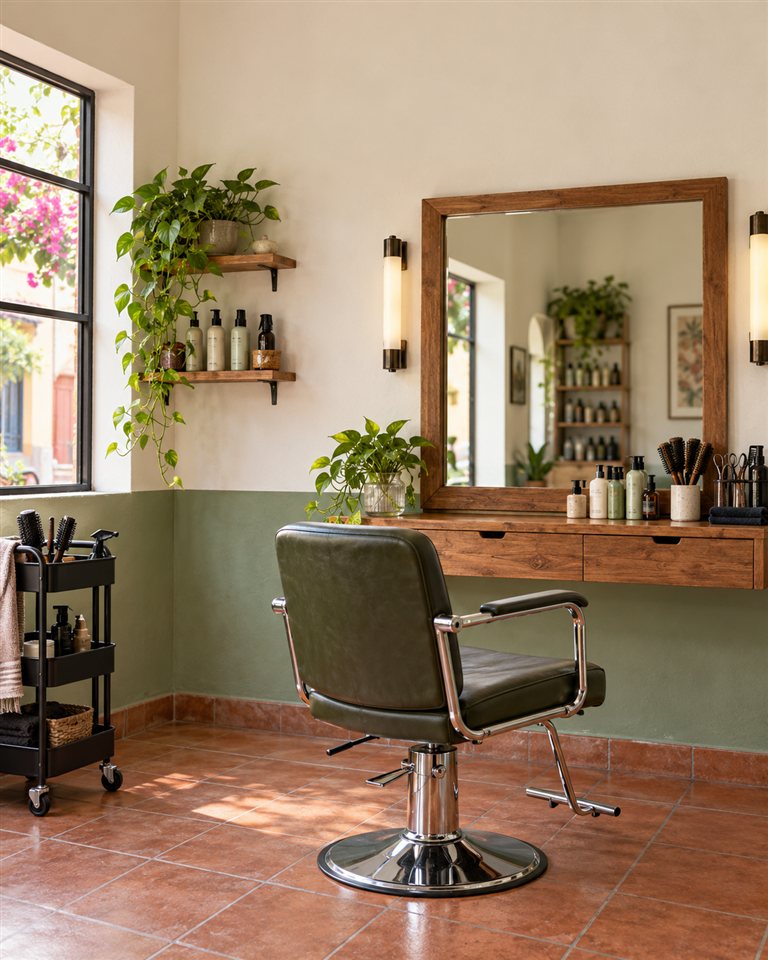 Ejercicio ficticio Luma: sillón y espejo de estudio de corte de cabello