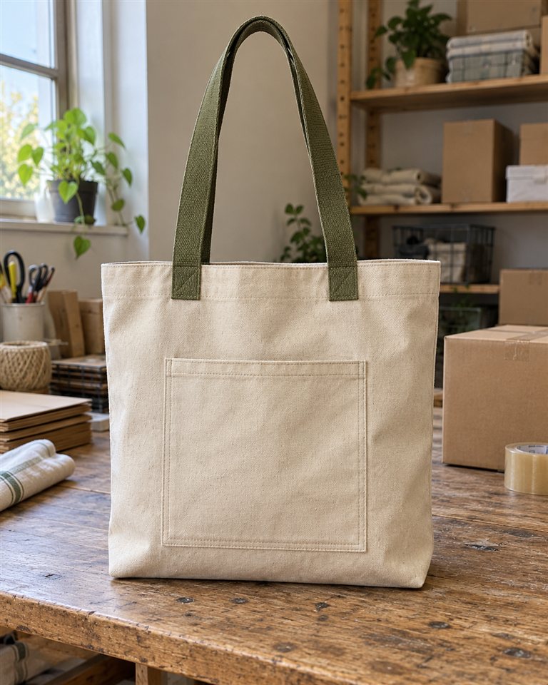 Antes: Bolso tote de lona sobre mesa con estantería y cajas detrás