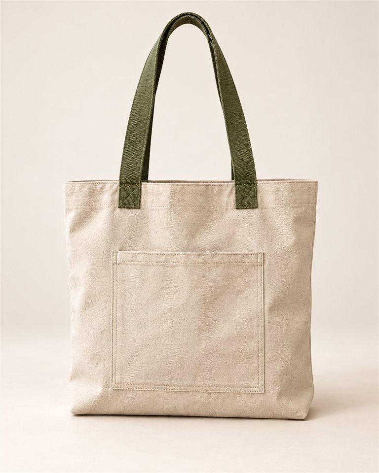Después: Bolso tote de lona sobre fondo crema uniforme con sombra suave