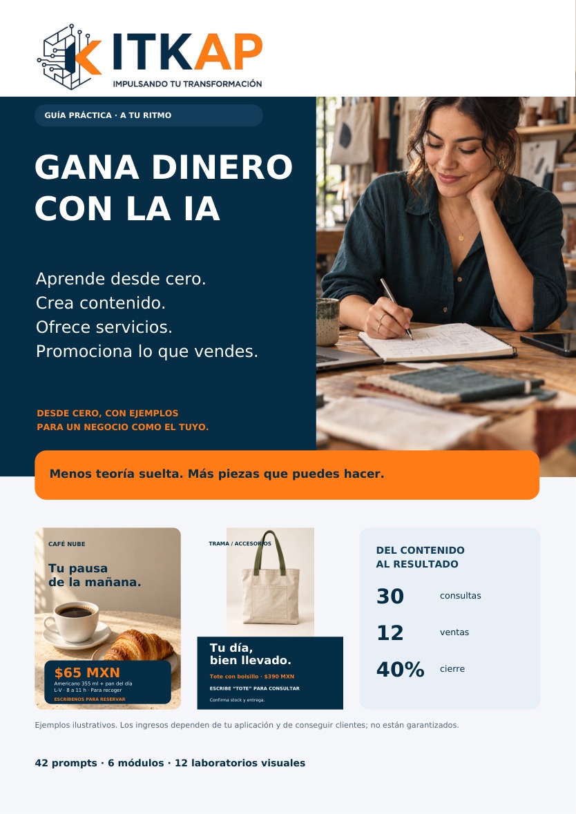 Portada real de la guía Gana dinero con la IA: 74 páginas, 42 prompts, 6 módulos y 12 laboratorios visuales