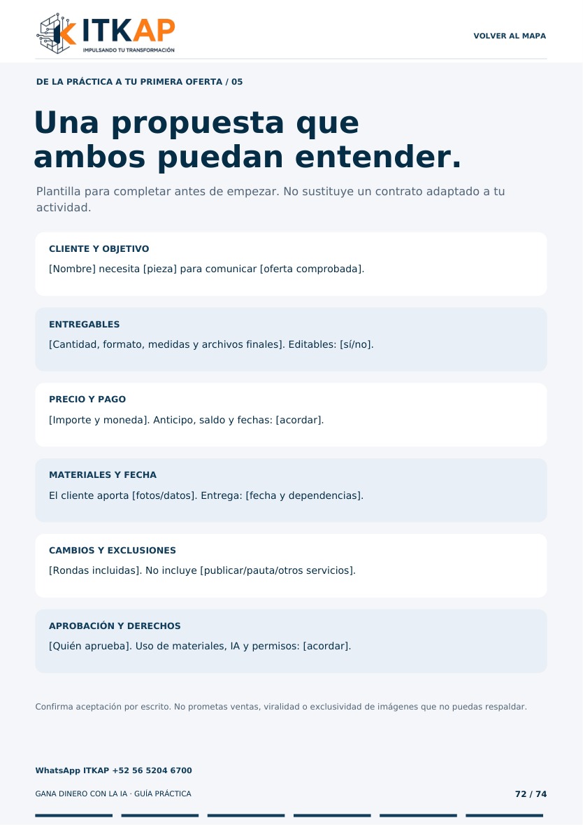 Página 72 de 74: Plantilla de propuesta comercial con entregables y límites